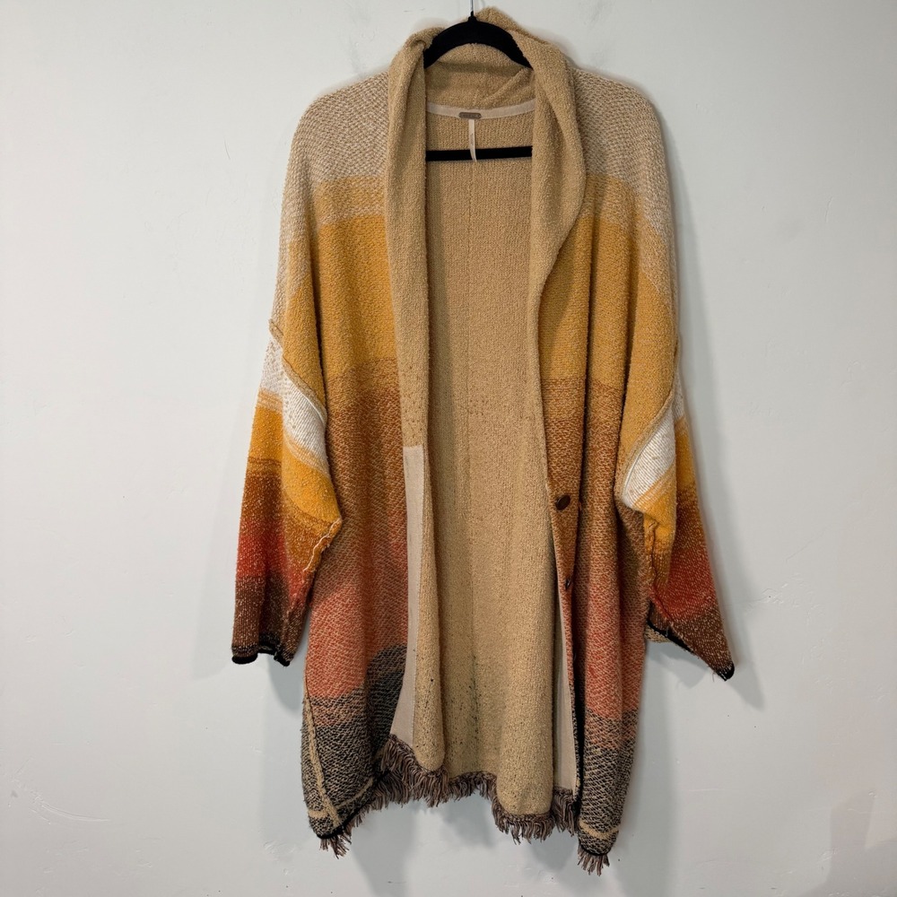Free People Womens Cardigan S Orange Ombre Fringe Boho Button Front OB1139488